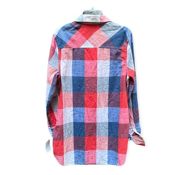 MERONA RED WHITE BLUE PLAID HALF BUTTON UP LONG SLEEVE SHIRT TUNIC TOP SIZE S - Picture 3 of 12